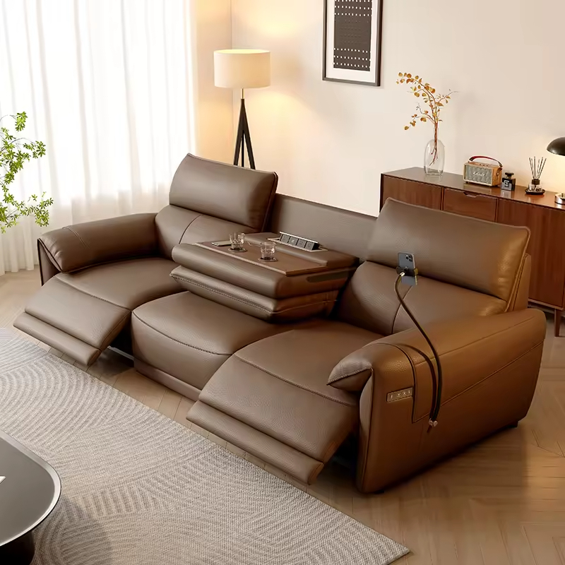 Manufacturer 2025 3-seat Black Leather Power Reclining Chair Smart Recliner Electric Sofa Chair with Cup Holder Drop Down Table