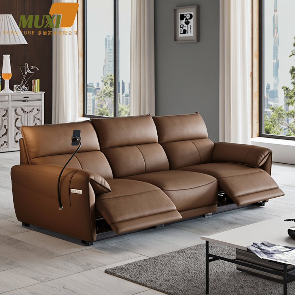 Italian Luxury Electric Designer Sofa Genuine Leather Recliner Extendable Modern Living Room Centerpiece USB Charging Metal
