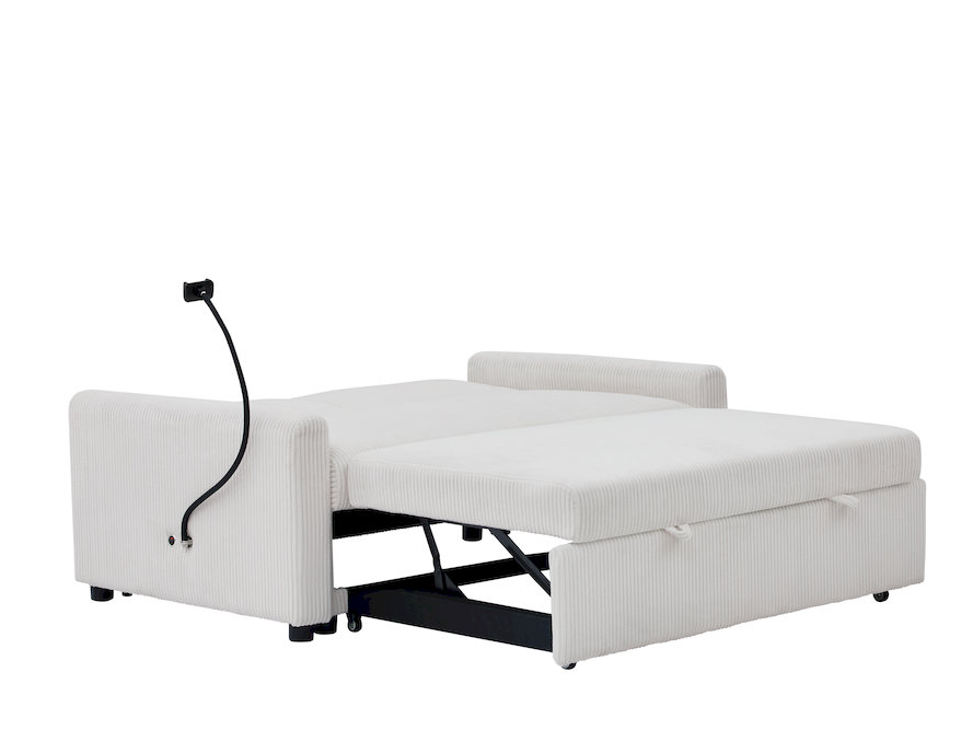 White Fabric Pull-Out Sofa Bed Loveseat Convertible Sofa Sleeper With USB Charging Port for Living Room