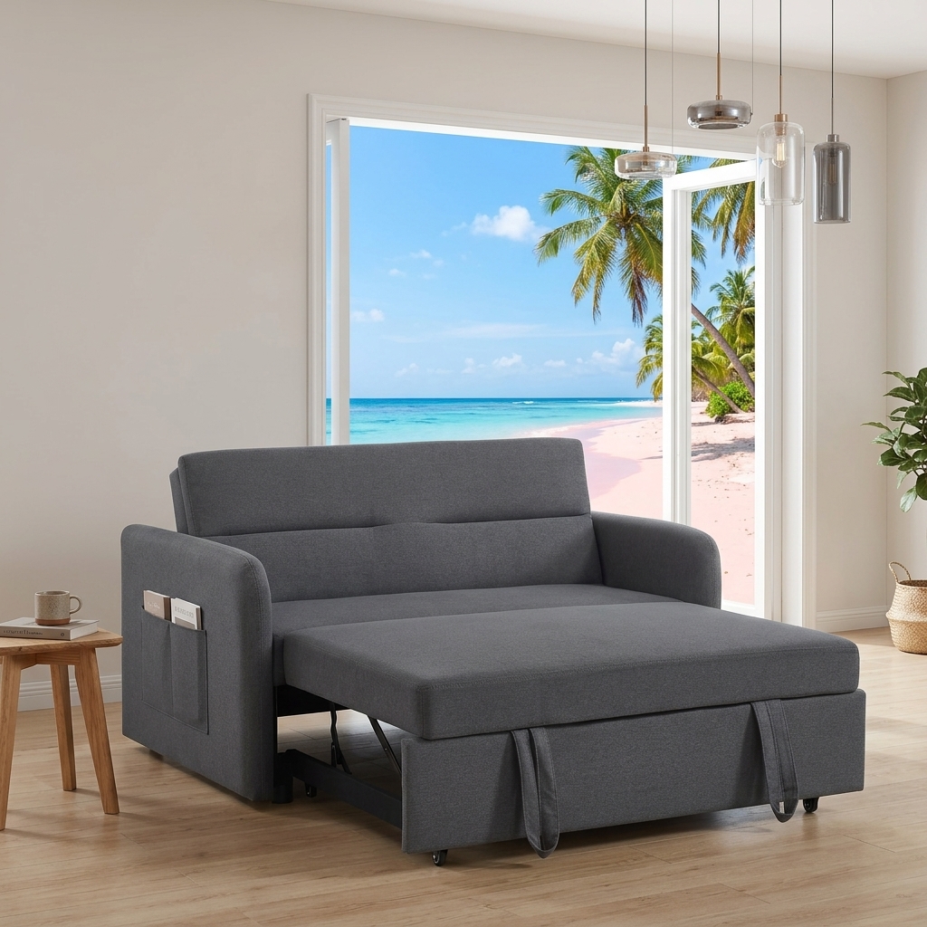 Small Space Convertible Sofa Bed with Storage, Dark Grey Modern Sleeper Couch for Apartment, 3-in-1 Pull-out Loveseat Sofa Bed