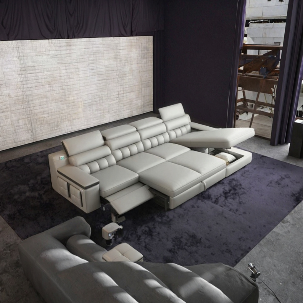 Luxury Modern Sectional Multifunctional L-Shaped USB Charging Electric Stretch Sofa PU Material Trundle Bed Storage Apartment