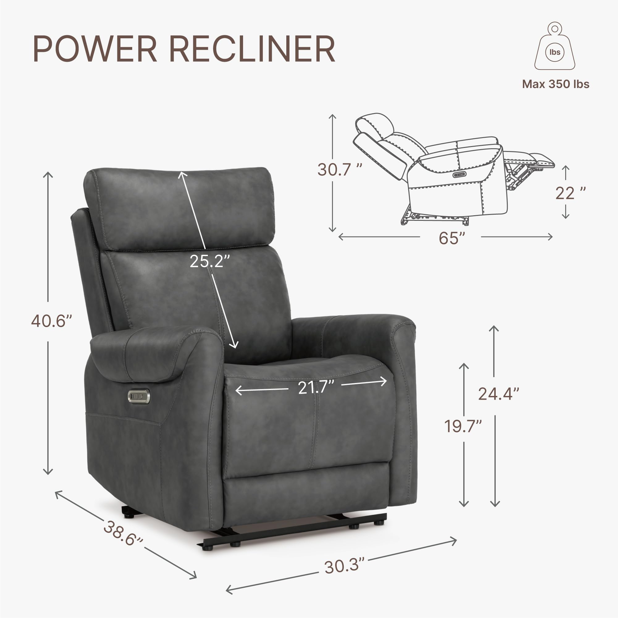 Leather Recliner Chair for Wall Hugger RV Recliner with USB Electric Power Reclining Sofa for Home Theater Seating Bedroom