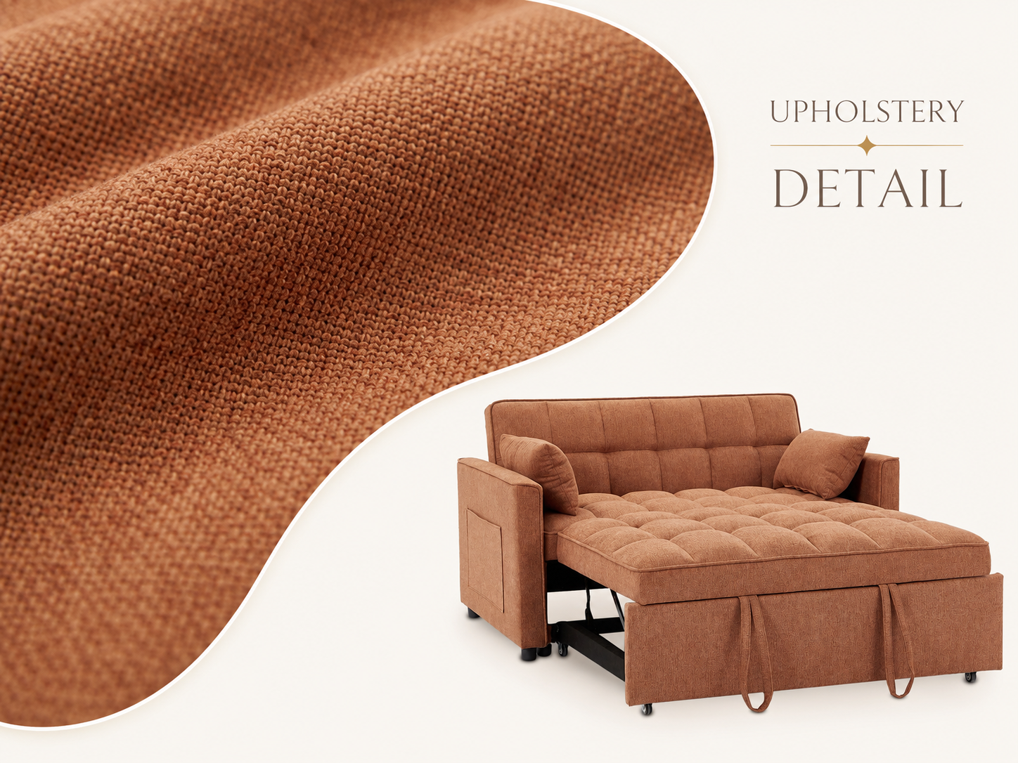 Orange Tufted Pull-Out Sofa Bed Loveseat Sofa Sleeper With Side Pocket for Apartments