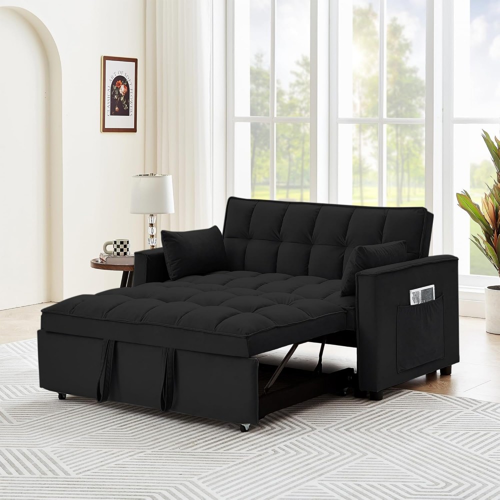 Black Convertible Loveseat Sofa Bed 3 in 1 Velvet Loveseat Futon Sofa Couch Modern Pullout Bed with Storage