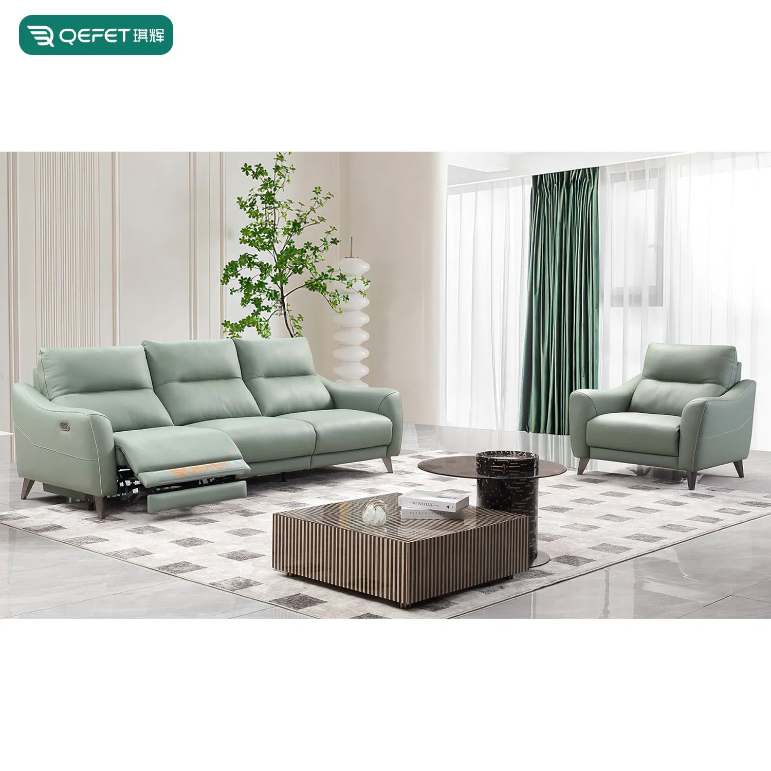 European Modern Green Leather Daybed Sleeper Covertible Power Reclining Sofa