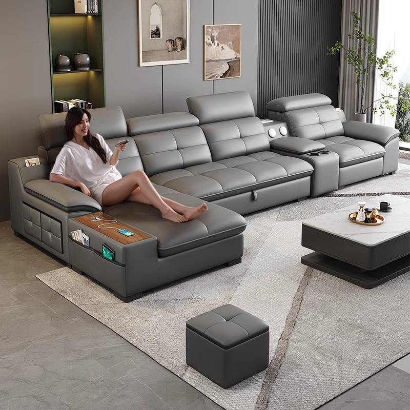 Italian Modern Smart Reclining Sofa 3-Seat Leather Chaise with Wireless Charging Wall Hugger for Luxury Living Room