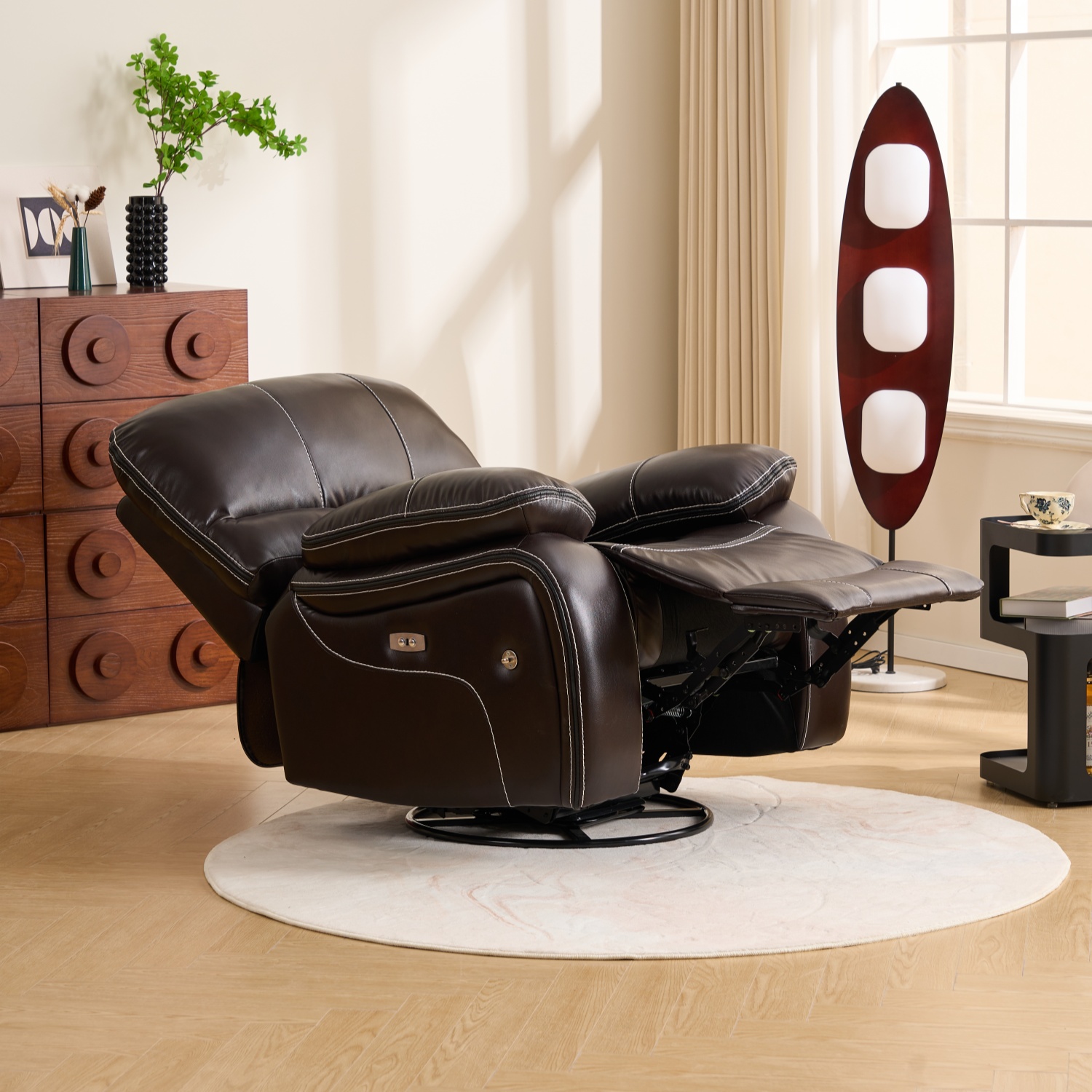 Modern Style Functional Wall-Hugger Recliner Sofa with Nano-Technology Contemporary Power Genuine Leather Extra Deep Seat