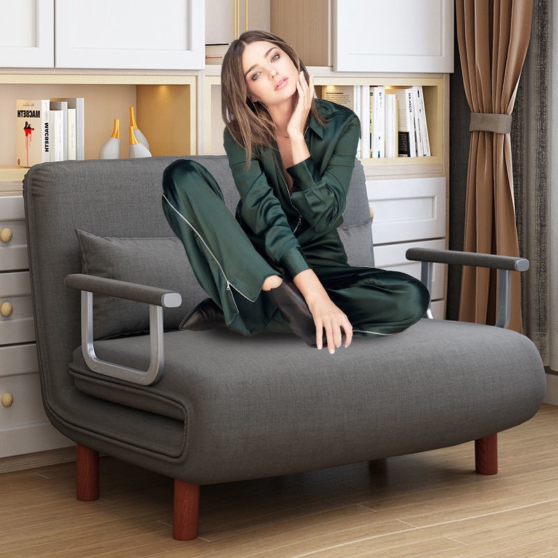 Modern Grey Fabric Convertible Sofa Bed 2 Seater Loveseat with Armrests Pillows and Wooden Legs Living Room Furniture