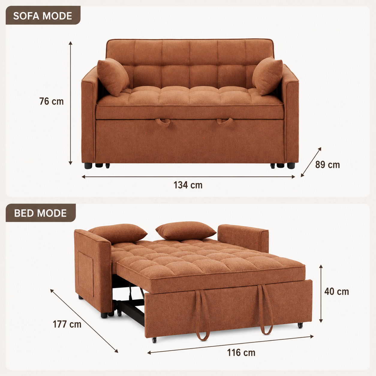 Orange Tufted Pull-Out Sofa Bed Loveseat Sofa Sleeper With Side Pocket for Apartments