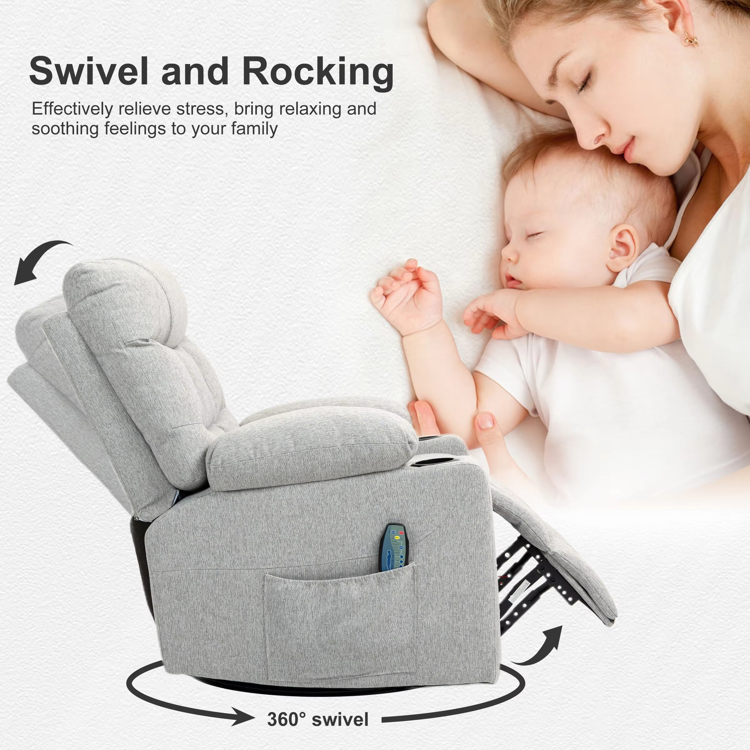 360&deg; Swivel Oversized Rocking Chairs Rocker Recliner Chair With Massage And Heated Living Room Function Sofa