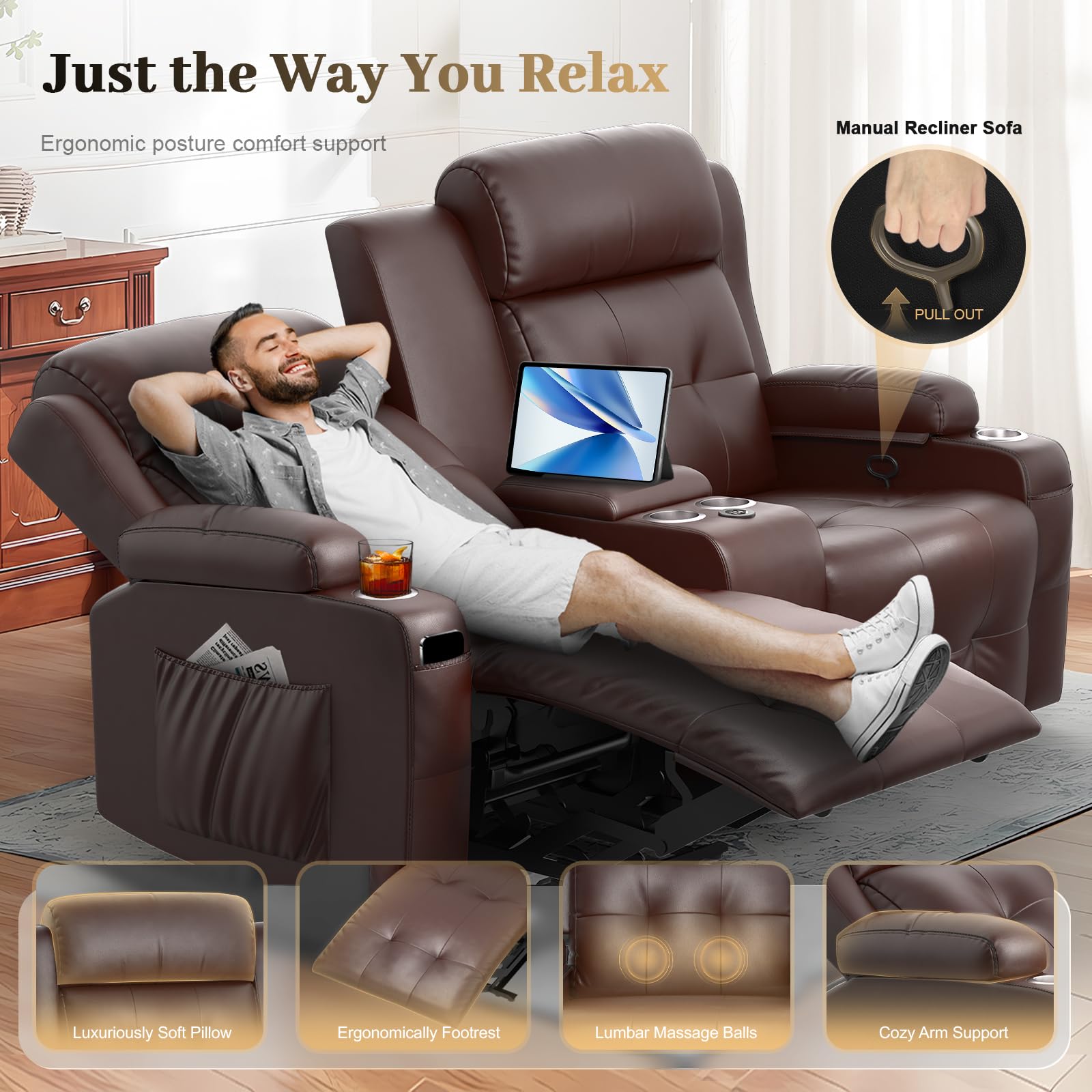 Reclining Loveseat Massage Loveseat Recliner Sofa RV Love Seat Chair with Console USB Storage Cup Holders Wall Hugger Couch