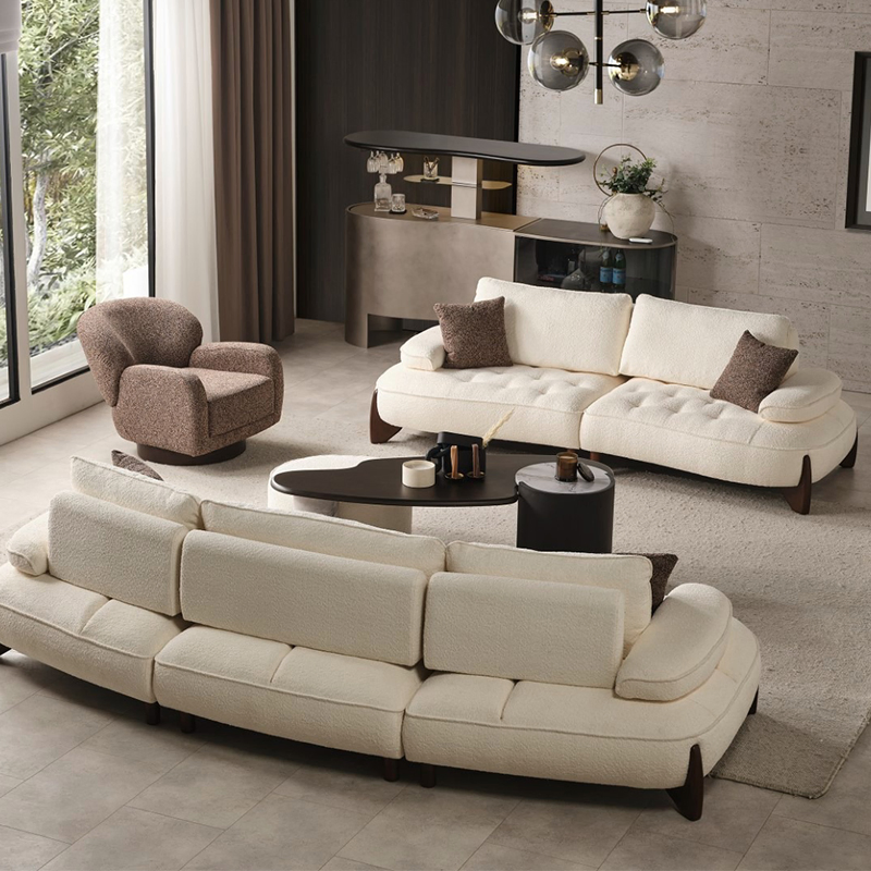 Italian Modern Living Room Furniture High End Leisure Modular White Fabric Curved Design Sofa Chair Set with Functional Back