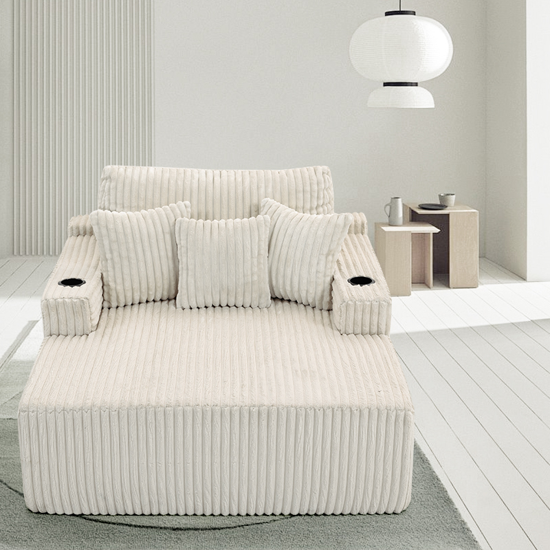 Boneless Loveseat Lounge Sofa Bed Foam Compressed Double Chaise Cloud Couch Chair Corduroy Floor Seat Sleeper with Cup Holders
