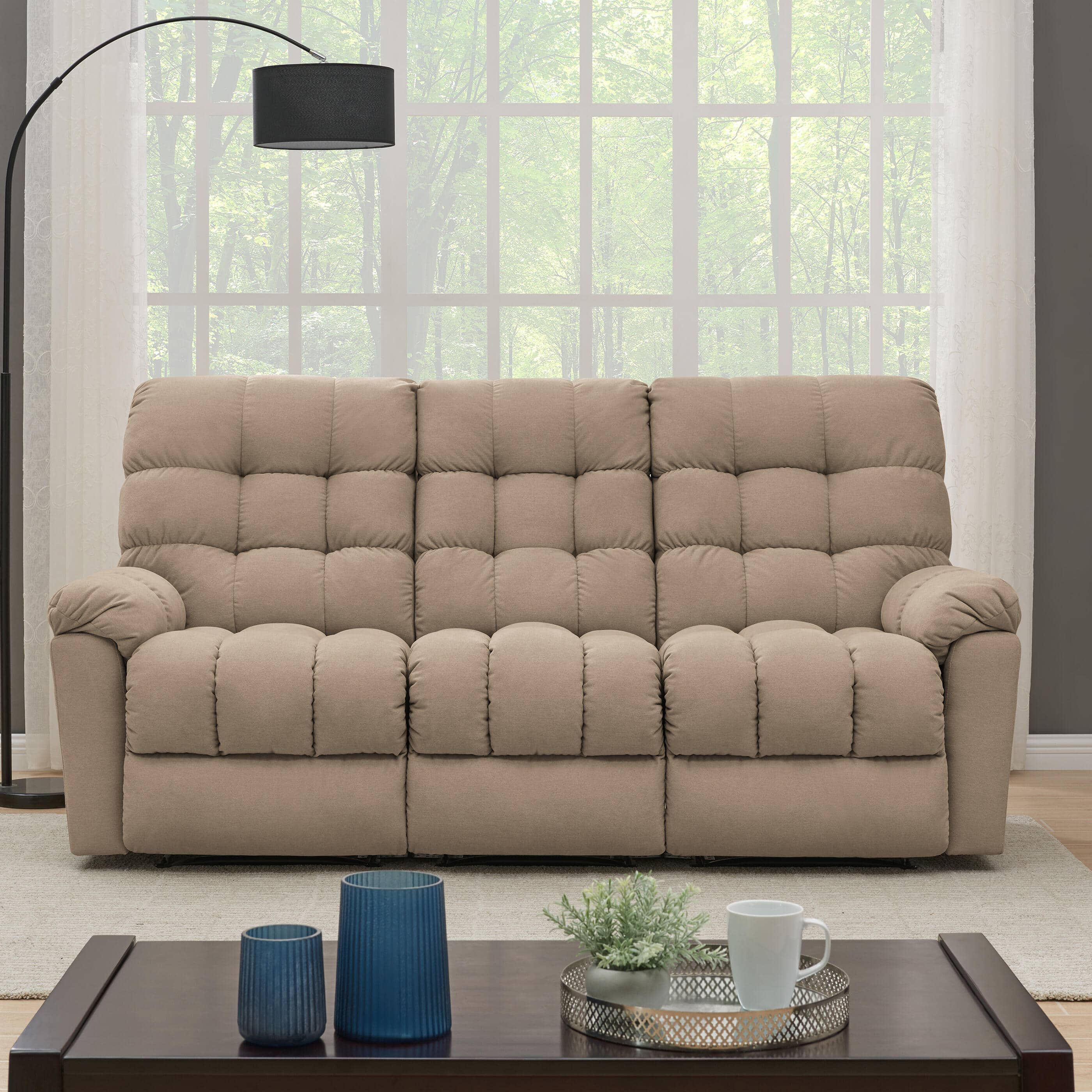 CY Furniture 3-Seat Khaki PU Leather Modern Wall Hugger Recliner Sofa with Storage Consoles USB Ports for Living Room Hotel Use