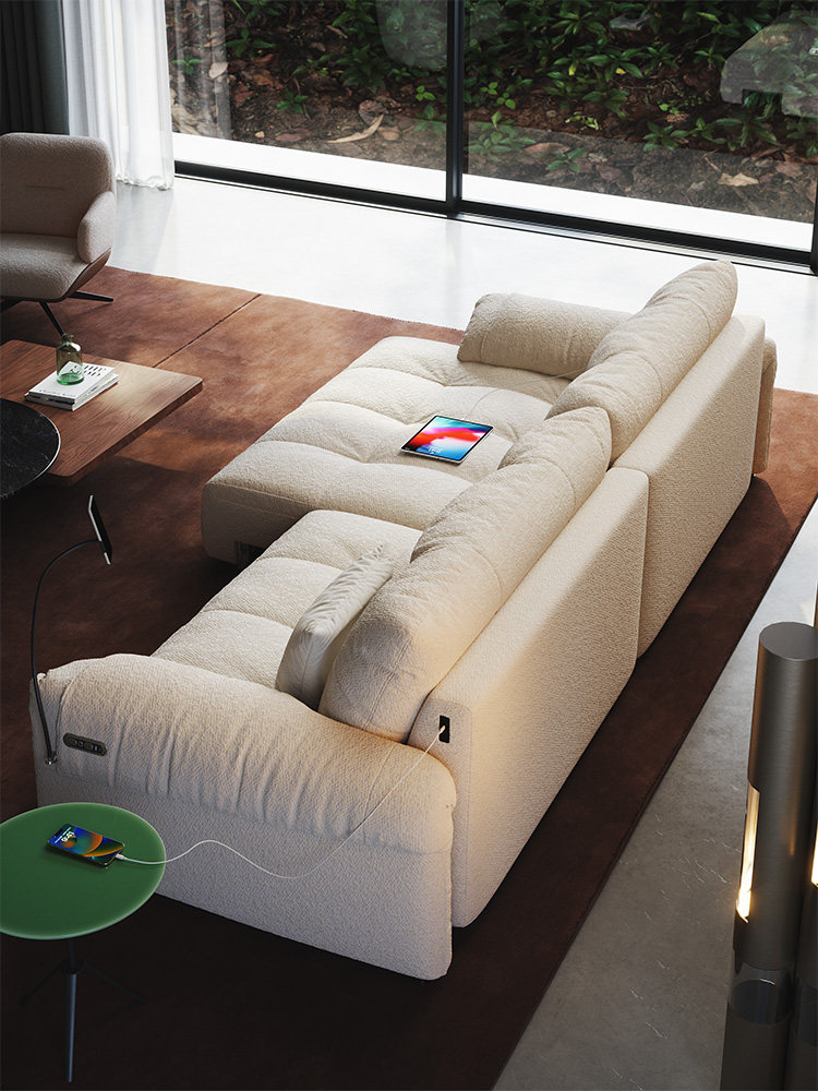 Guangchao Xuefu Three Seat Fabric Sofa Living Room Cotton Linen Chenille Cream Wind Straight Electric Function USB Charging Port