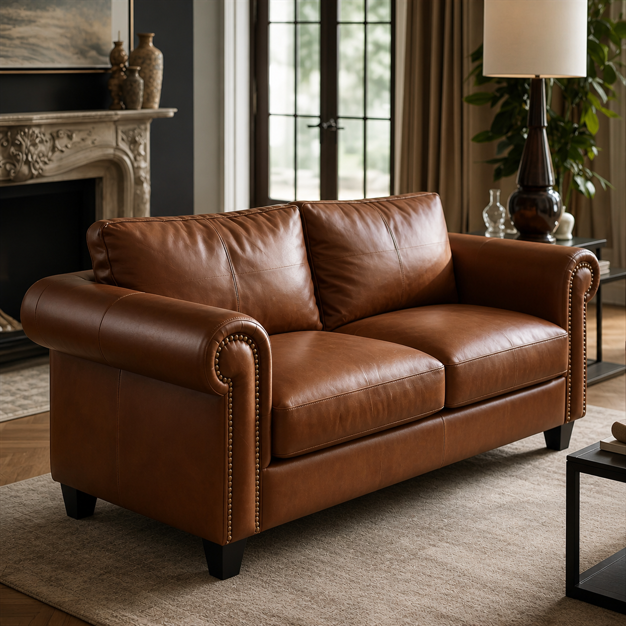 High End Classic Leather Loveseat Sofa Nailhead Rolled Arms Eco-Friendly Sofa Bed for Luxury Living Room Workshop School Use