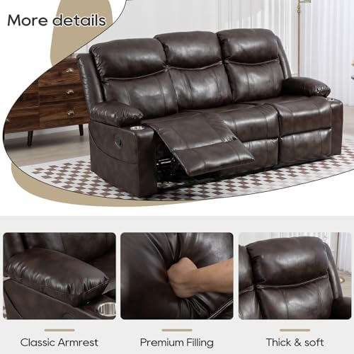 3-Seater Modern Manual Reclining Sofa with Heat Massage Wall-Hugger Design in Brown Fabric Wood Frame for Living Room