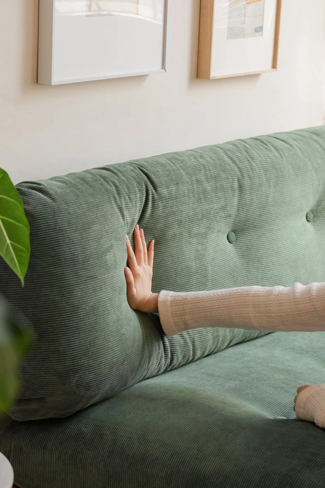 Elegant Green Corduroy Oak Sofa Frame and Cushion Bundle