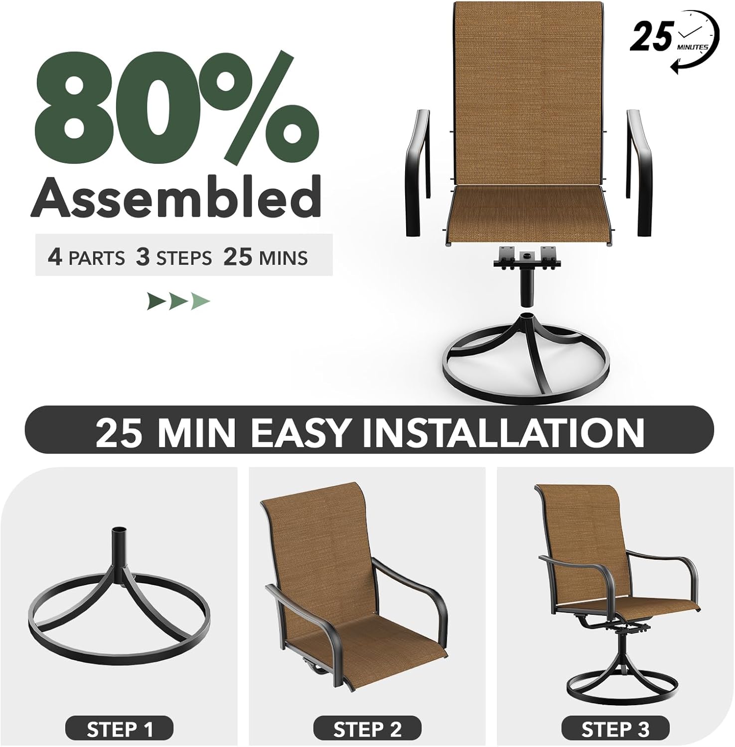 Patio Outdoor Dining Chair Set of 2 High Back Outdoor Swivel Rocker Set with All Weather Frame Curved Armrest-Brown