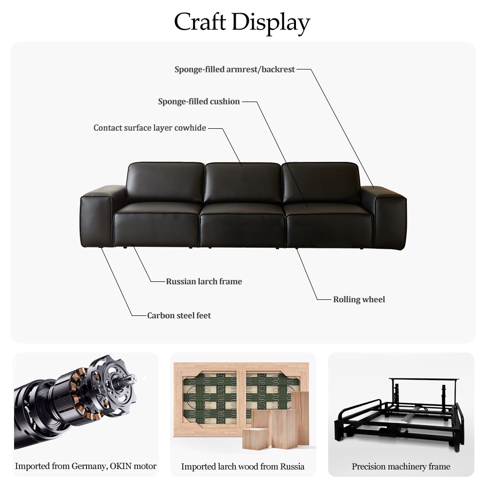 Modern Genuine Leather Square Convertible Sofa Bed 3-Seater Electric Recliner European Design Living Room Wall Hugger