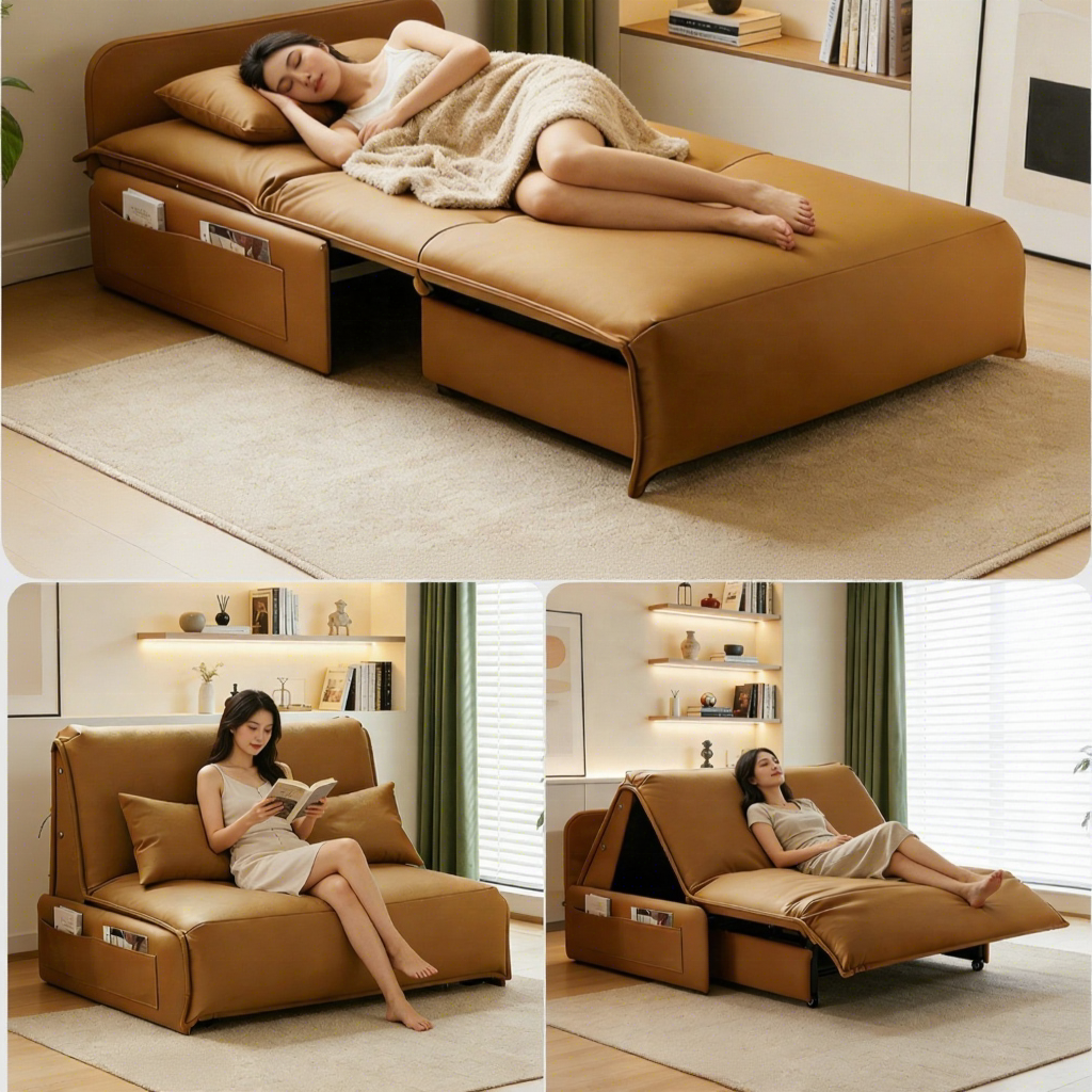 Multifunctional Convertible Sofa Bed Smart Folding Recliner Couch Modern Leather Pull Out Lounge Chair with Side Storage