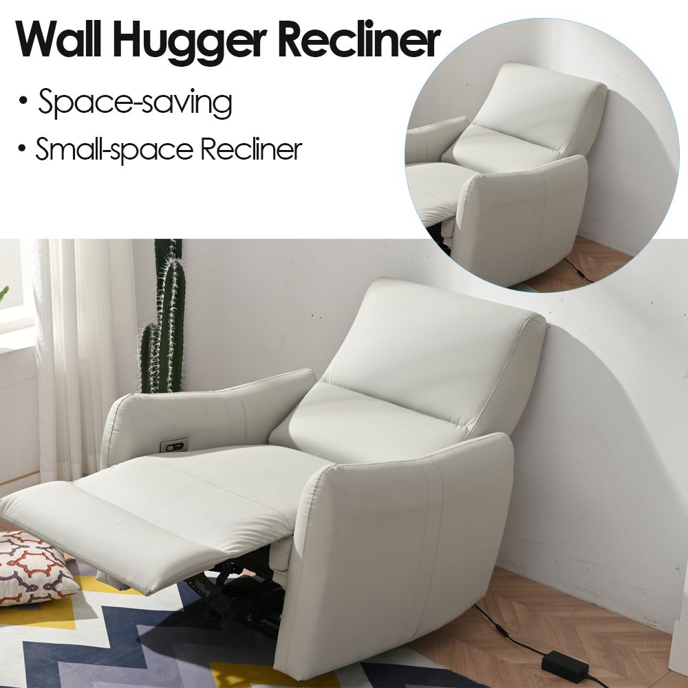 Light Gray Electric Power Recliner Wall Hugger Design for Small Spaces - Side Reclined View
