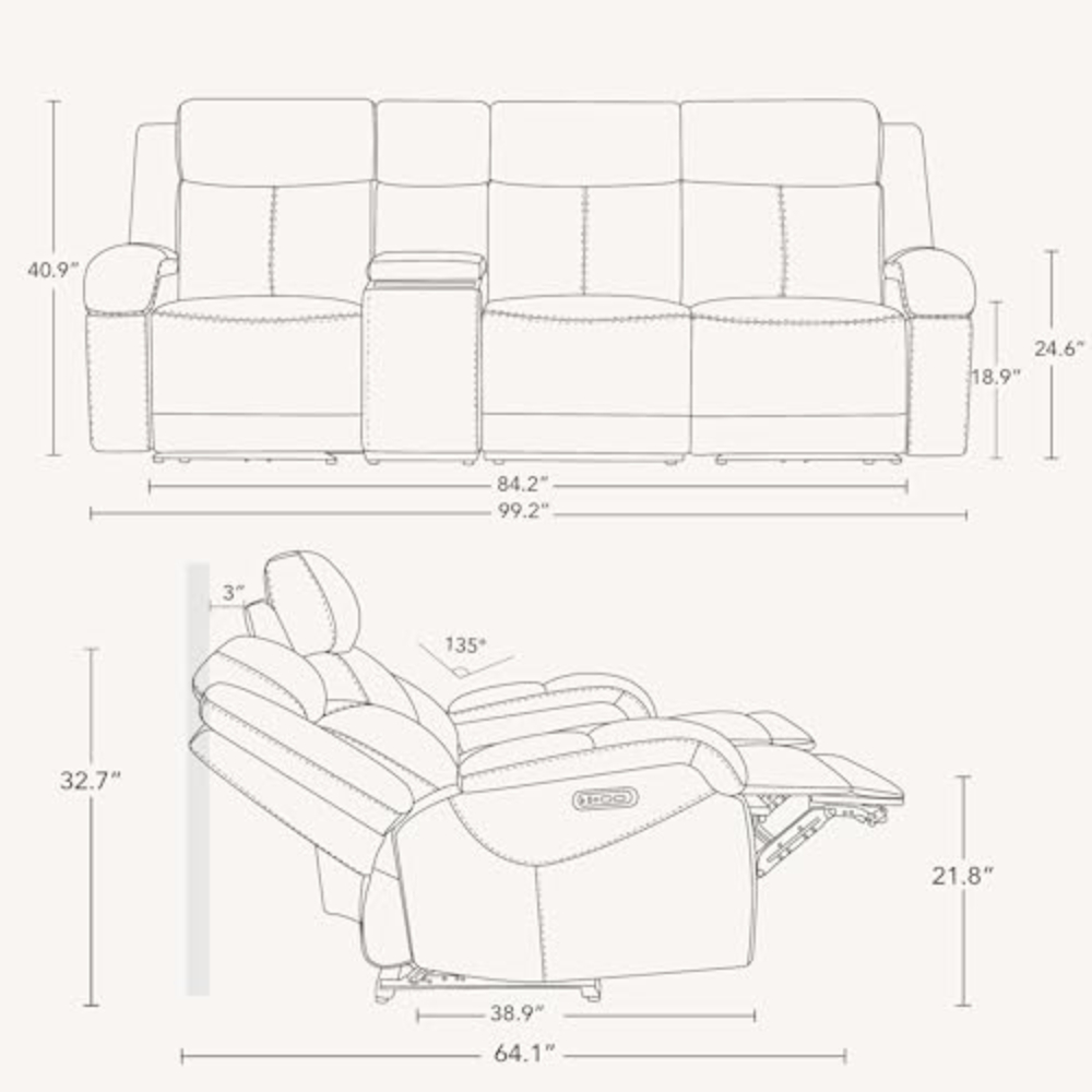 Power Recliner Sofa 3 Seater Wall Hugger Genuine Leather Reclining Couch Set with Storage Console Power Headrest USB Electric