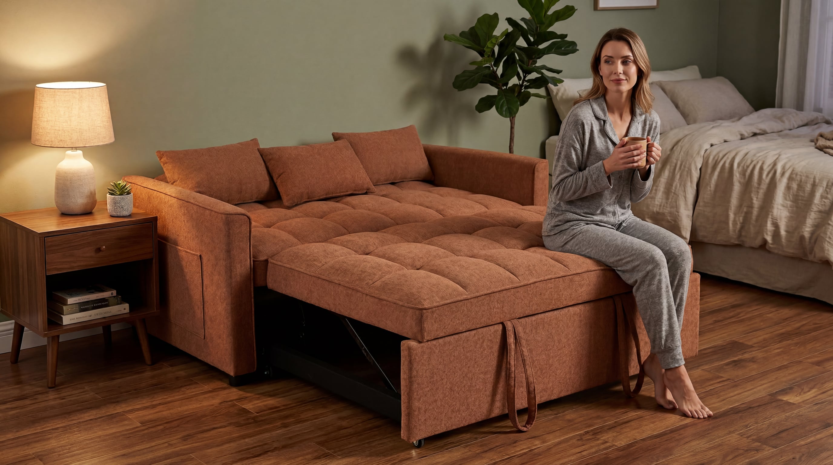 Orange Tufted Pull-Out Sofa Bed Loveseat Sofa Sleeper With Side Pocket for Apartments