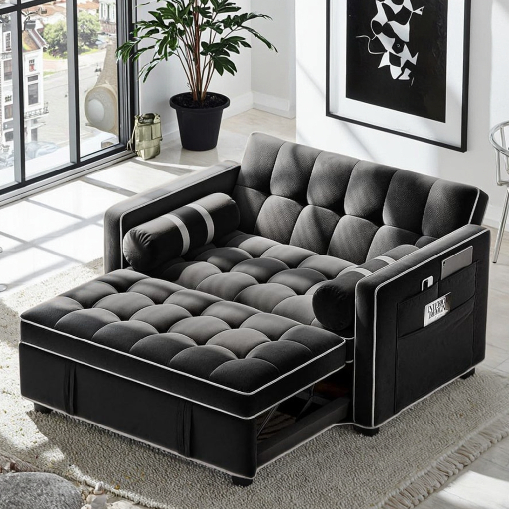Dareko Convertible Black Velvet Sponge Filled Sofa Bed Adjustable Backrest USB Ports Side Pockets Loveseat Futon Living Room