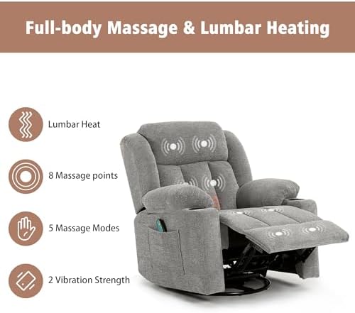 Comfy Soft Lime Gray Rocker Swivel Recliner Chair for Adults Overstuffed Large Manual Recliner Glider Massage Heat Reclining