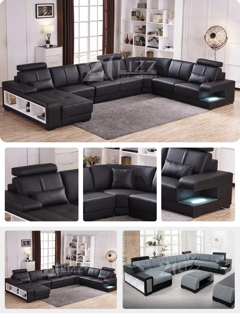 Modern U-Shape Functional Genuine Leather Modular Sofa for Home