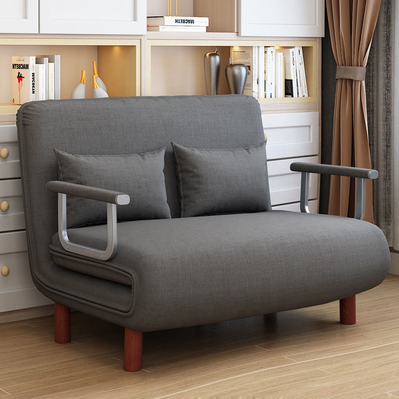 Modern Grey Fabric Convertible Sofa Bed 2 Seater Loveseat with Armrests Pillows and Wooden Legs Living Room Furniture