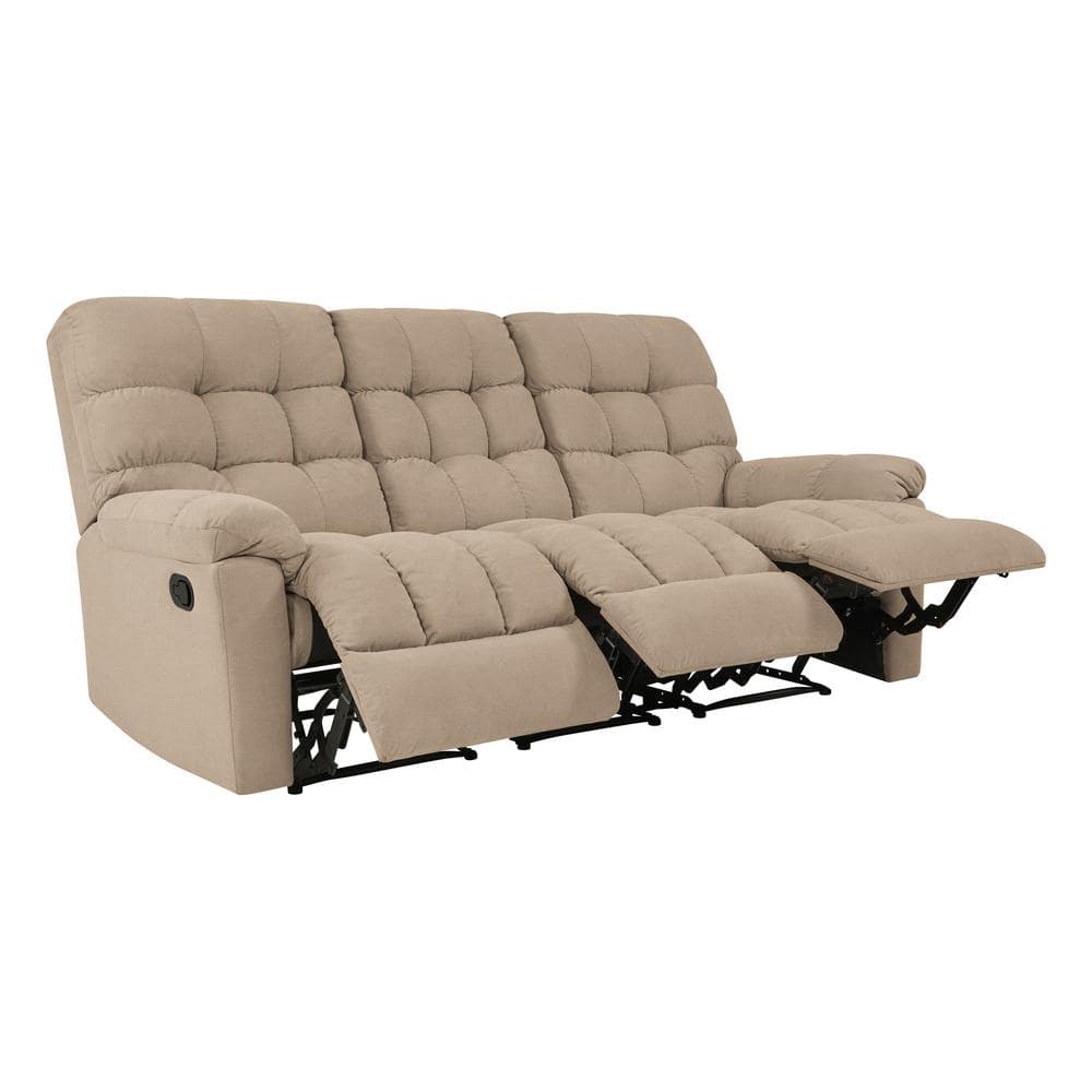 CY Furniture 3-Seat Khaki PU Leather Modern Wall Hugger Recliner Sofa with Storage Consoles USB Ports for Living Room Hotel Use