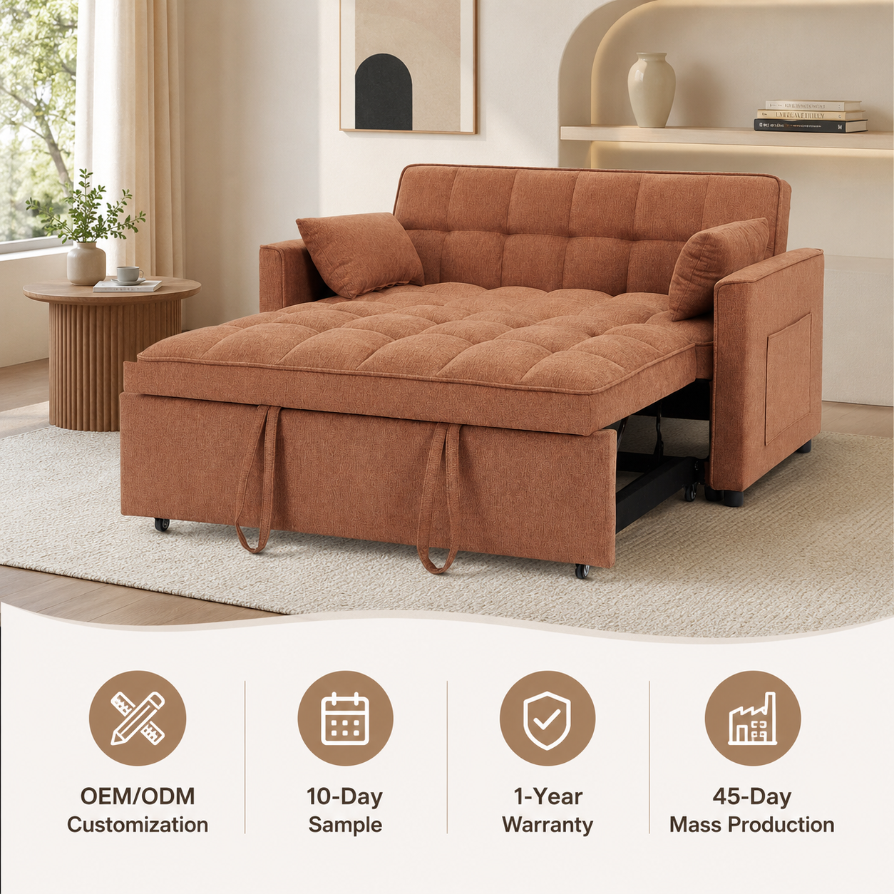 Orange Tufted Pull-Out Sofa Bed Loveseat Sofa Sleeper With Side Pocket for Apartments