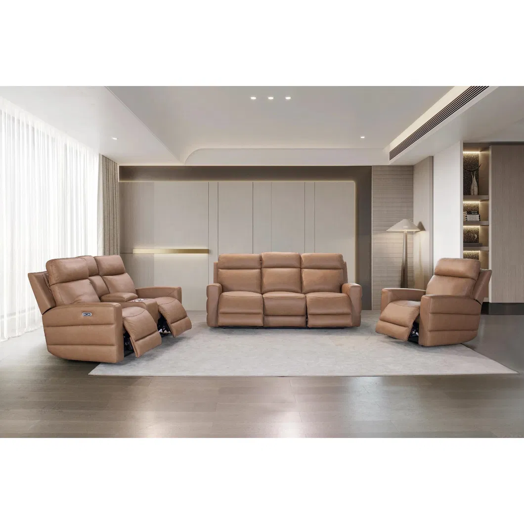 Factory Price High Back High Density Foam Core Contoured Lumbar Support Sectional Brown Leather Power Recliner Loveseat Sofa Set