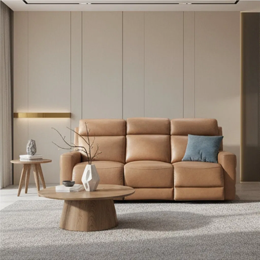Factory Price High Density Foam Core Lumbar Support Brown Leather Power Recliner Sofa Set