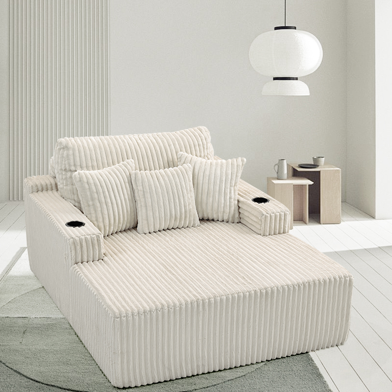 Boneless Loveseat Lounge Sofa Bed Foam Compressed Double Chaise Cloud Couch Chair Corduroy Floor Seat Sleeper with Cup Holders