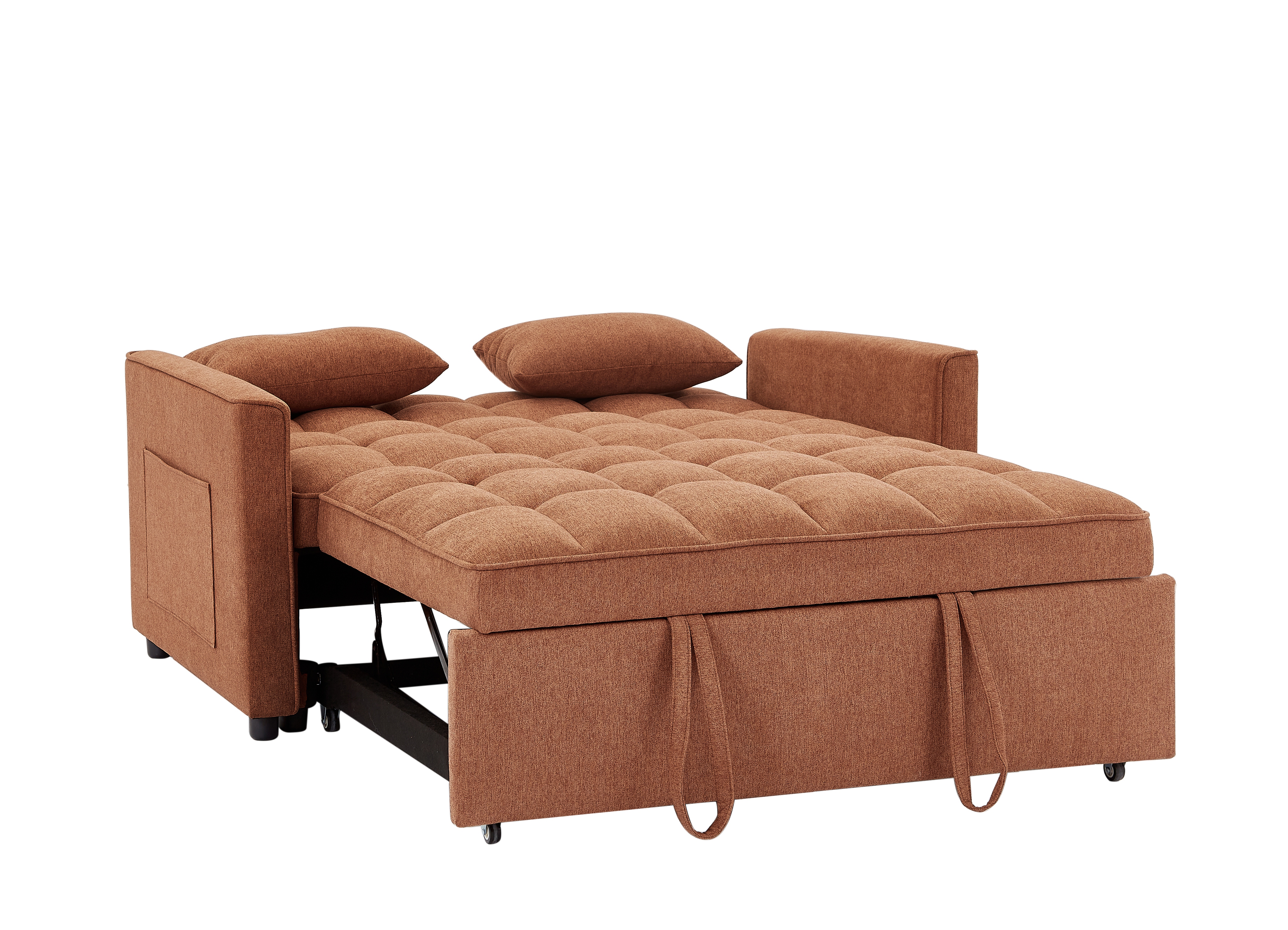 Orange Tufted Pull-Out Sofa Bed Loveseat Sofa Sleeper With Side Pocket for Apartments