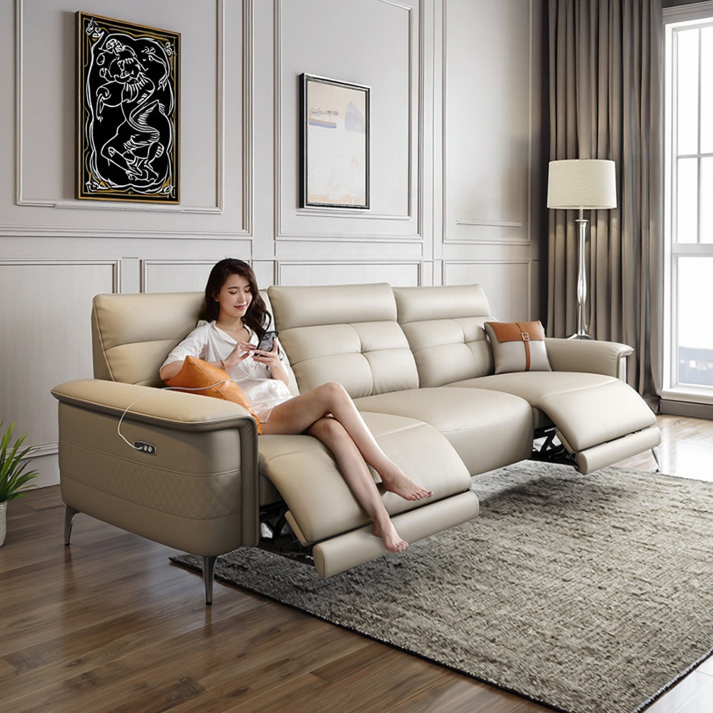 Wall-Hugging Convertible Luxury Recliner Set Genuine Leather Hidden Folding Ottoman USB-C Fast Charging Living Room Sofas