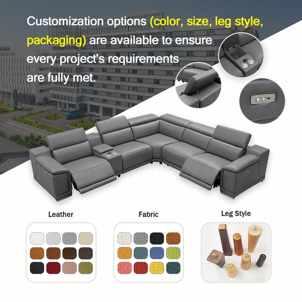 Customized Leather Italian Sofa 3 Seats Recliner Sectional with USB Charging Reading Lamp Hardware Cup Live Room Sofa