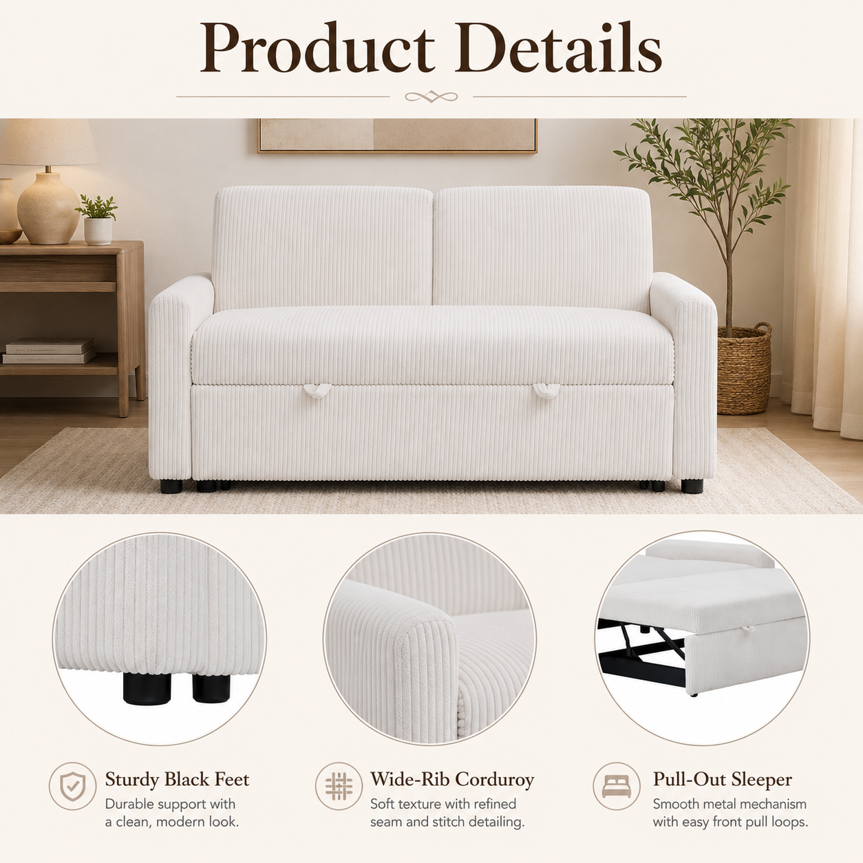White Fabric Pull-Out Sofa Bed Loveseat Convertible Sofa Sleeper With USB Charging Port for Living Room