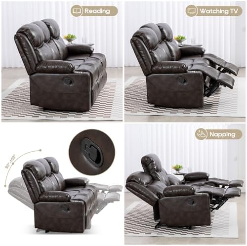 3-Seater Modern Manual Reclining Sofa with Heat Massage Wall-Hugger Design in Brown Fabric Wood Frame for Living Room