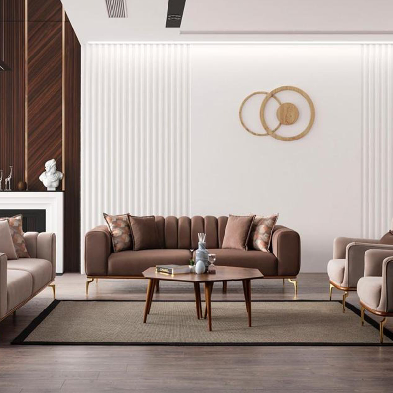 Italian Modern Living Room Furniture High End Luxury Modular Velvet Fabric Sofa Set Chair with Golden Legs and Functional Back