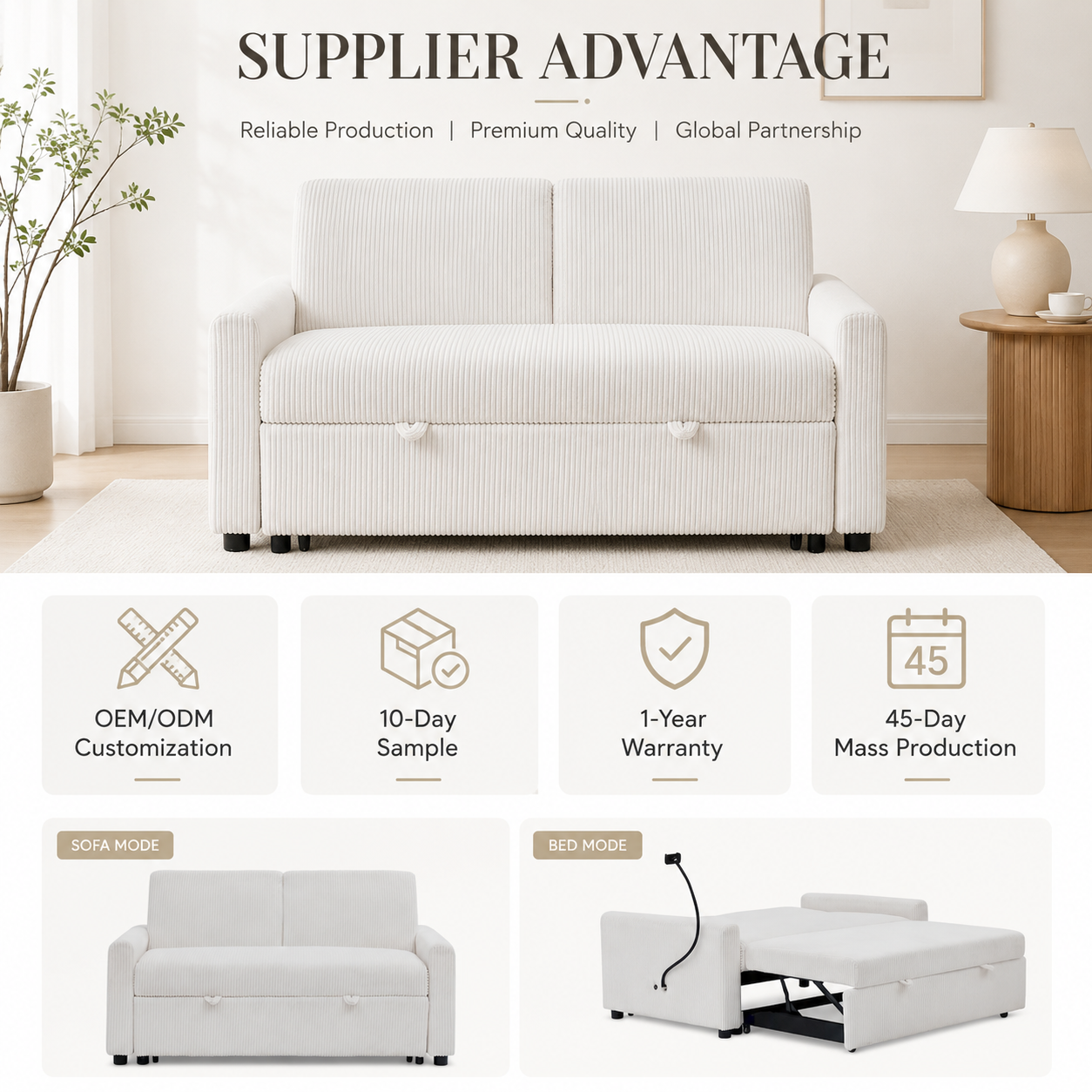White Fabric Pull-Out Sofa Bed Loveseat Convertible Sofa Sleeper With USB Charging Port for Living Room