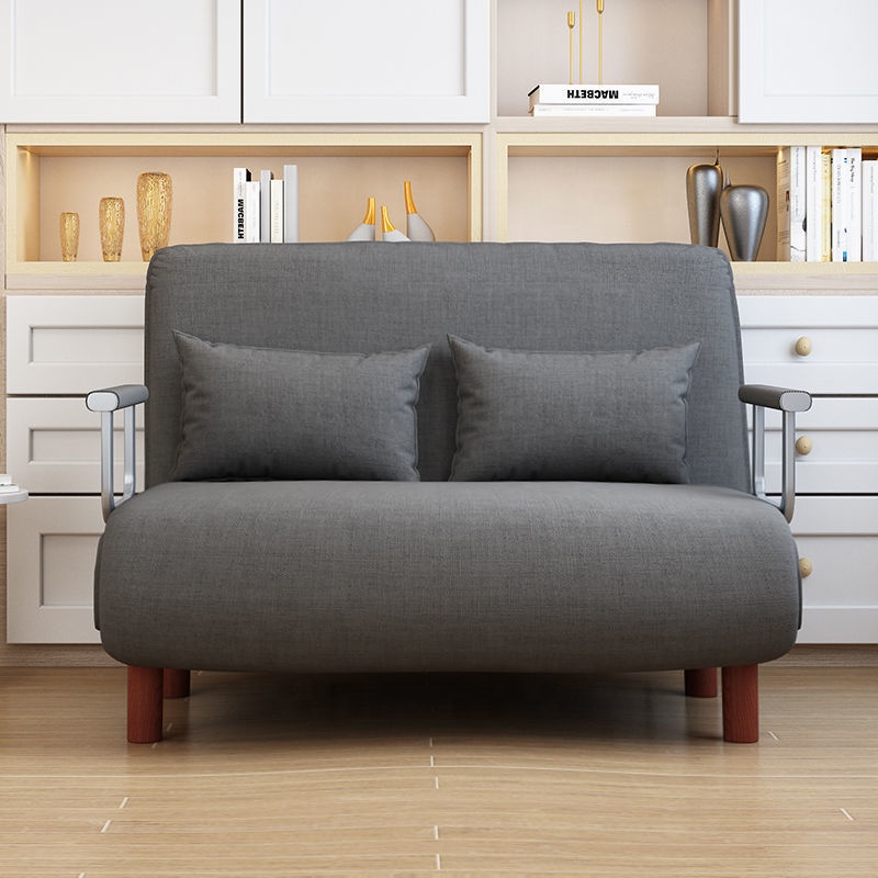 Modern Grey Fabric Convertible Sofa Bed 2 Seater Loveseat with Armrests Pillows and Wooden Legs Living Room Furniture
