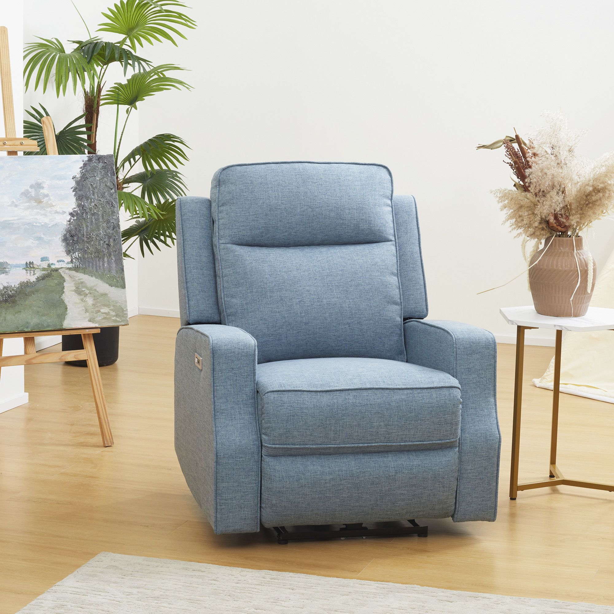 Electric Power Wall Hugger Recliner with USB Charging Station Linen Upholstered Retractable Armchair Sofa