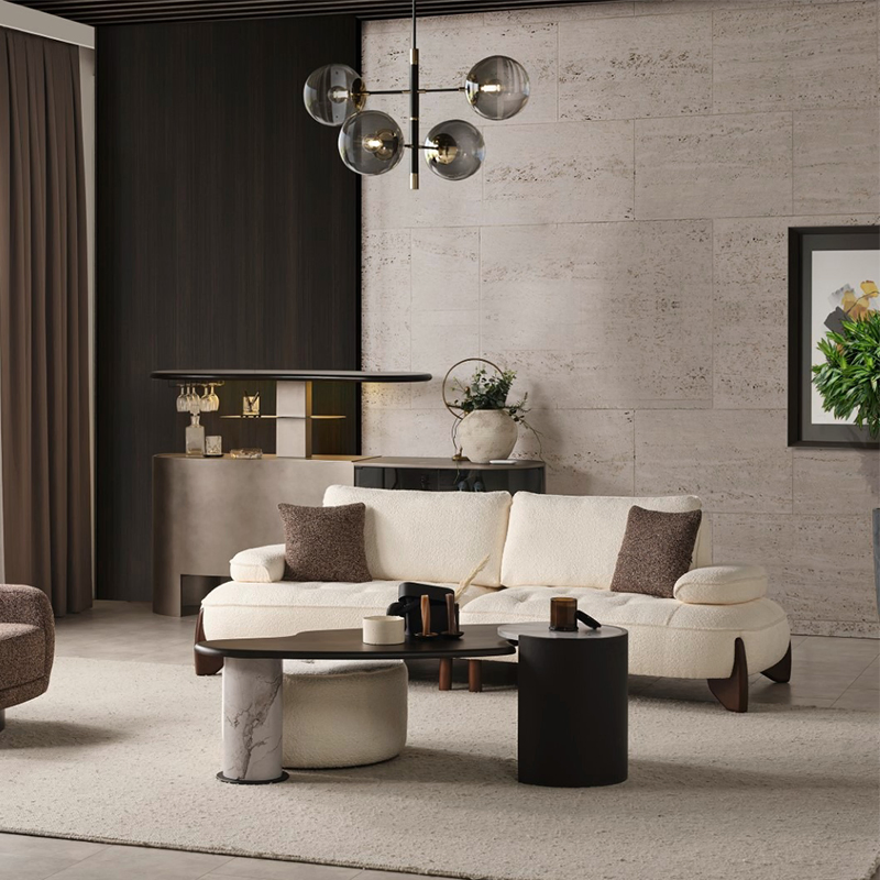 Italian Modern Living Room Furniture High End Leisure Modular White Fabric Curved Design Sofa Chair Set with Functional Back
