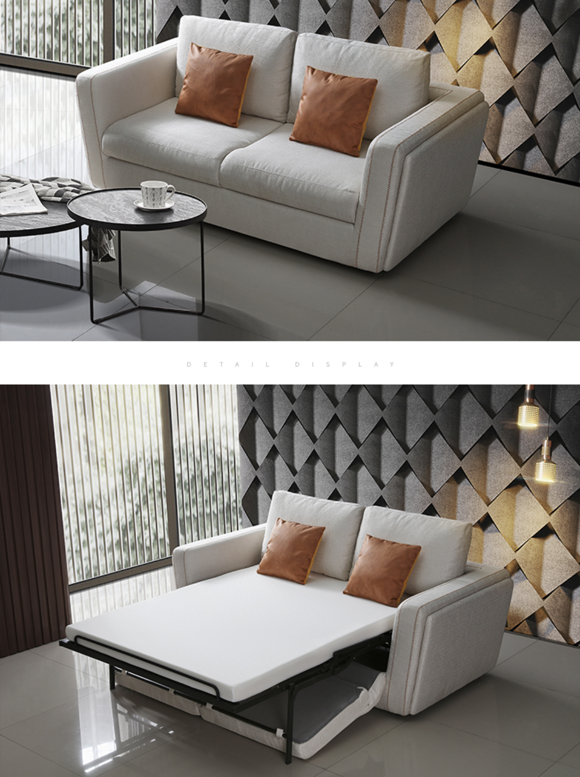Modern Metal Square Convertible Pull-Out Loveseat Sofa Bed with Mattress for Living Room Bedroom Hotel Mall