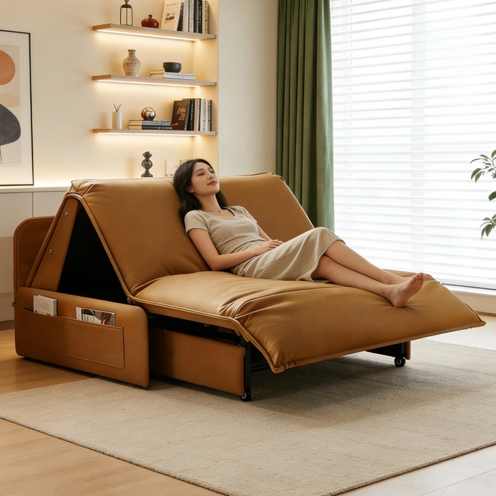 Multifunctional Convertible Sofa Bed Smart Folding Recliner Couch Modern Leather Pull Out Lounge Chair with Side Storage