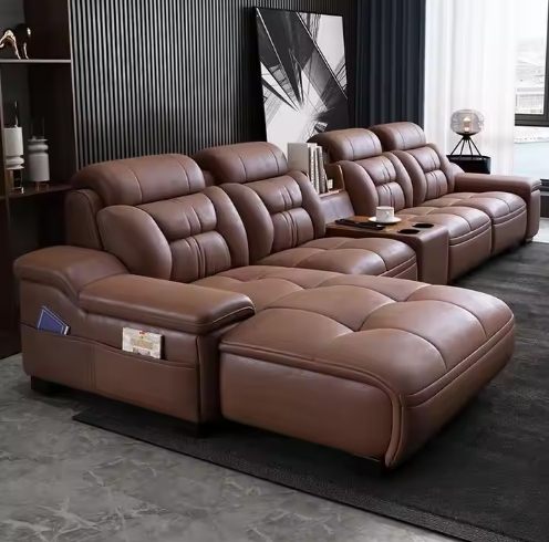 Premium Quality Italian Genuine Leather Modern Sectional Sofa Set USB Charging Cup Holder Wood Remote Control Living Room